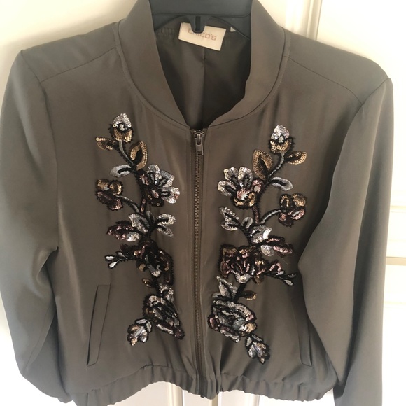 Lightweight bomber jacket.  Chico"s size 1.  Bling. Olive green. - Picture 6 of 7